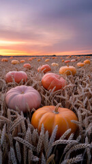 Pumpkin Patch at Sunset in Autumn Field with Wheat