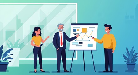Vector cartoon illustration of business people working together in an office meeting room