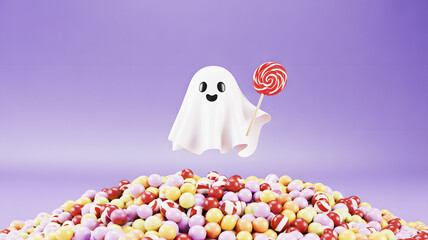 Cute ghost character floating above pile of colorful halloween candy