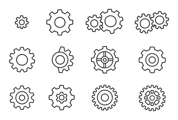 Set of linear gear icons representing mechanical and industrial concepts