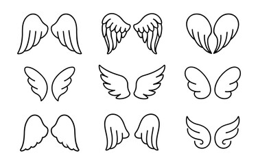 Fototapeta premium Collection of nine minimalist wing designs in black outline style