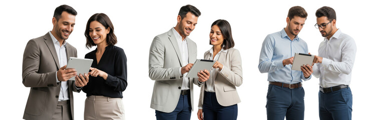 Collection of business people, with modern style working on silver tablet, while standing isolated on white background