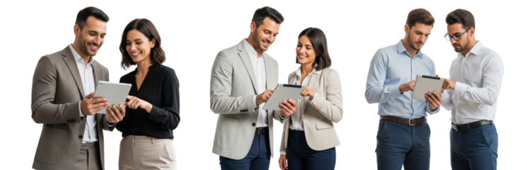 Collection of business people, with modern style working on silver tablet, while standing isolated on white background