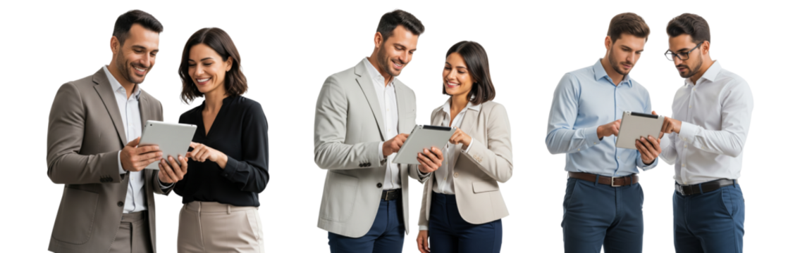 Collection of business people, with modern style working on silver tablet, while standing isolated on white background