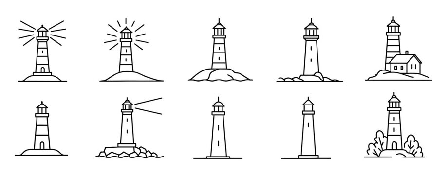 Minimalist set of linear lighthouses with simple line art designs