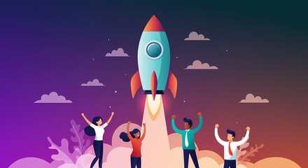 A vibrant cartoon rocket ship soars through the night sky with stars and planets, a fun vintage-style illustration for space exploration travel