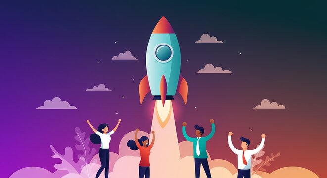 A vibrant cartoon rocket ship soars through the night sky with stars and planets, a fun vintage-style illustration for space exploration travel