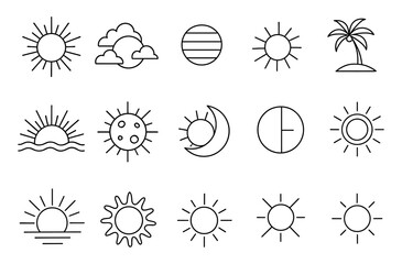 Obraz premium Minimalist sun and moon line art icons collection with clouds and palms