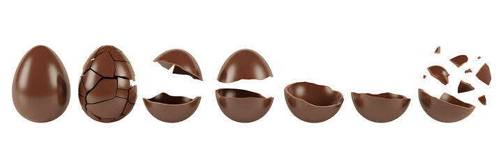 Collection of cracked and whole dark chocolate easter eggs arranged in a row on a white background