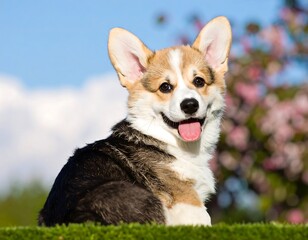 Adorable puppy sitting outdoors in a garden