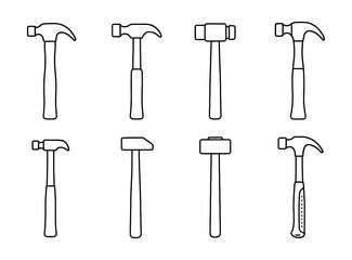 Set of eight linear hammer icons: outline collection for construction and diy tools