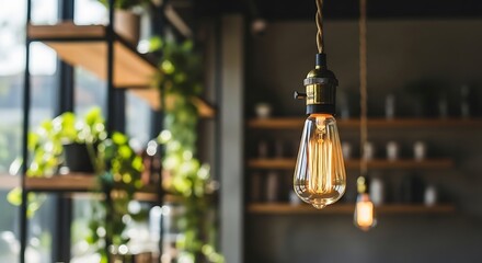 Obraz premium Decorative edison bulb hanging against blurred interior design with shelves and greenery