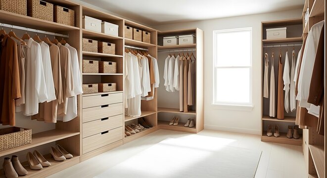 Fototapeta Contemporary custom closet design with clothes and organization for fashion and home style