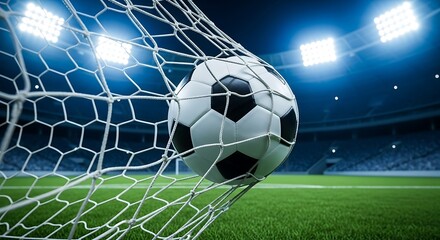 Naklejka premium Dramatic image of a soccer ball entering the net under the stadium lights