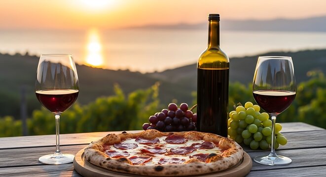 Delicious pizza with red wine grapes and bottle on a wooden table at sunset