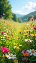 Fototapeta premium A vibrant summer meadow bursting with colorful wildflowers, swaying gently in a warm breeze Perfect for nature, floral, and environmental themes , bloom, blossom, picturesque