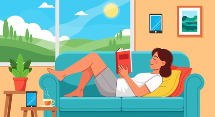 Obraz premium A woman relaxes on a teal couch, reading a book, enjoying a sunny view from a large window.