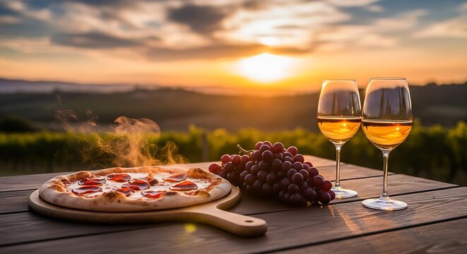Pizza grapes and wine on a wooden table against a sunset landscape scene
