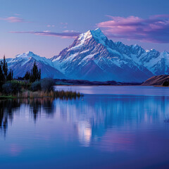 Naklejka premium Serene mountain lake at dawn. Snow-capped peak reflects in still water; vibrant purples and blues dominate the sky and water, a tranquil scene. Forests line the lake shore