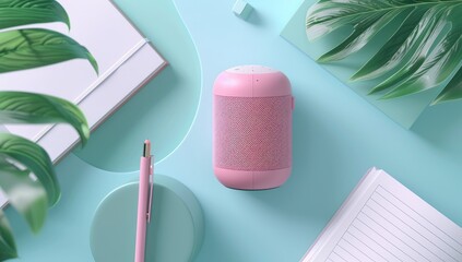 Pastel-toned wireless speaker, surrounded by stationery and greenery