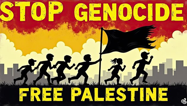 Silhouette of people running with a flag, carrying a message of stop genocide free palestine against a vibrant, abstract background - Powered by Adobe