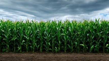 Fototapeta premium Lush green cornfield under dramatic stormy clouds.