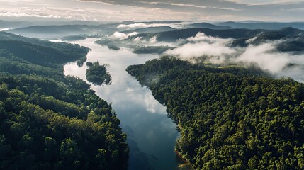Aerial view of a lush green valley with a serene river surrounded by misty mountains.