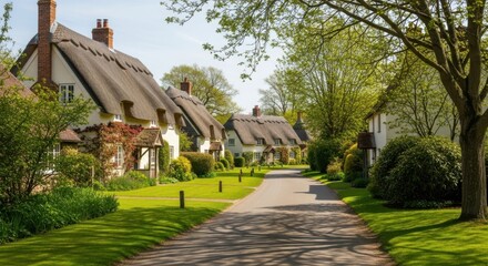 Charming Village Cottages Lined Along a Picturesque Country Lane