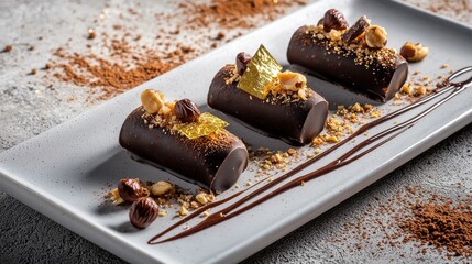 Premium chocolate hazelnut praline dessert logs with gold leaf garnish and crushed nuts on elegant white ceramic serving plate for fine dining