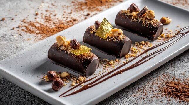 Premium chocolate hazelnut praline dessert logs with gold leaf garnish and crushed nuts on elegant white ceramic serving plate for fine dining - Powered by Adobe