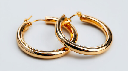 Elegant golden hoop earrings, close-up studio shot, isolated on pure white background