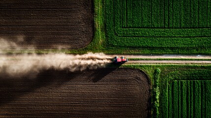 Aerial view of a red tractor plowing through lush green farmland.