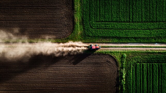 Aerial view of a red tractor plowing through lush green farmland.