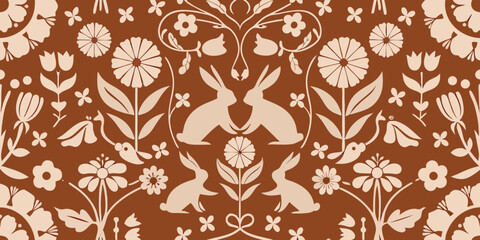 Whimsical folk art pattern with rabbits and flowers in earthy tones