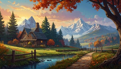 Fototapeta premium A captivating landscape painting depicting a cozy cabin nestled in the mountains during autumn 