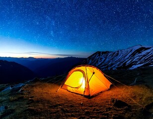 Scenic outdoor camping with tents, campfire, and RV in stunning mountain landscapes at sunrise and sunset, showcasing nature adventure, hiking, family travel, and wilderness lifestyle