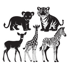 Obraz premium Baby Wild Animal Silhouette Vector Pack – Lion Cub, Tiger Cub, Zebra, Giraffe, Deer Clipart for Kids and Nursery
