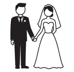Fototapeta premium Simple black and white illustration of a bride and groom holding hands on their wedding day