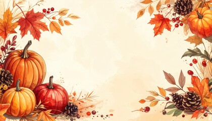 Autumn themed with pumpkins, pinecones, and colorful leaves, a delightful illustration for harvest season