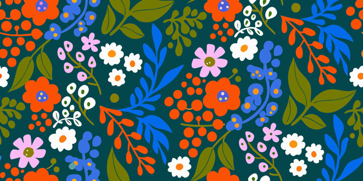 Vibrant retro floral pattern with orange pink white and blue flowers on dark teal