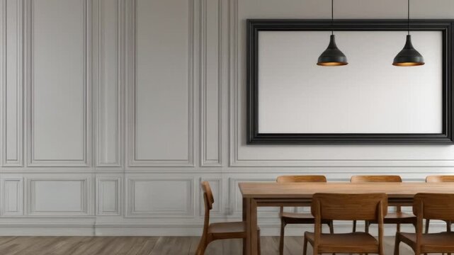 A stylish, modern dining room featuring a large, black framed blank canvas and light-colored walls.