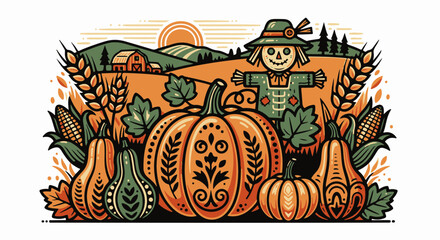 Autumn harvest composition featuring pumpkins, corn, and wheat in front of field with farm.