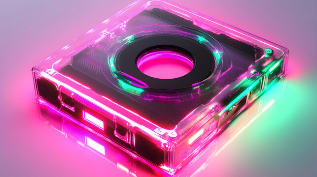 Retro cassette tape in neon lights for music and design themes