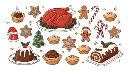 Christmas food illustration featuring a roasted turkey, gingerbread men, cookies, pies, and Christmas pudding.