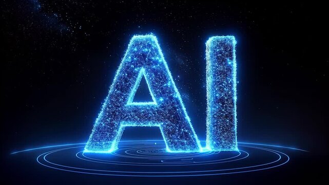 Artificial intelligence letters dissolving into digital particles in futuristic 3D plexus network visualization representing machine learning and big data technology concepts