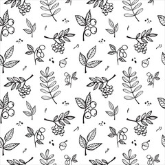 Whimsical hand-drawn autumn berries and acorns pattern in black and white for fabric design. Vector illustration