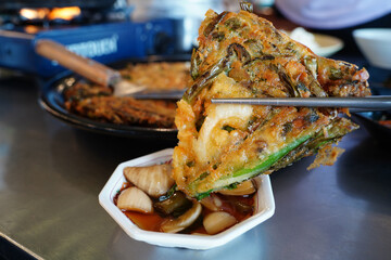 Korean Seafood Pancake (Pajeon) with Dipping Sauce, Delicious Korean Cuisine