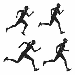 Silhouettes of four runners in motion two men and two women all wearing baseball caps and athletic wear captured in dynamic running poses against a white background