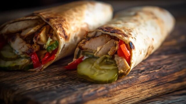 Delicious chicken wraps on wooden board