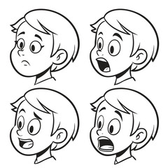 Set of four cartoon children s faces displaying a range of emotions including surprise shock sadness and excitement in a simple black and white line art style